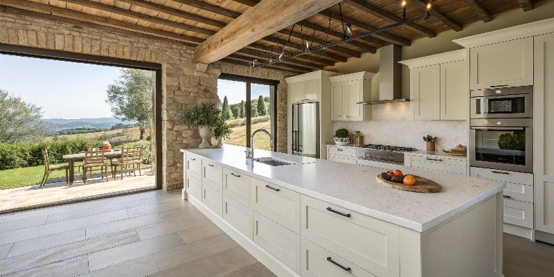 A modern kitchen with compliant quartz countertops
