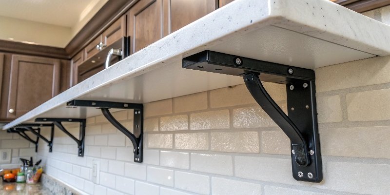 A close-up of support brackets under a quartz countertop overhang