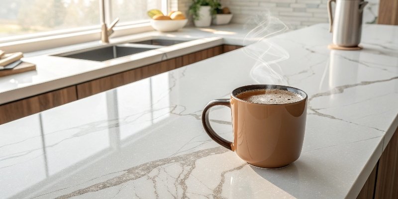 A coffee mug on a white quartz countertop