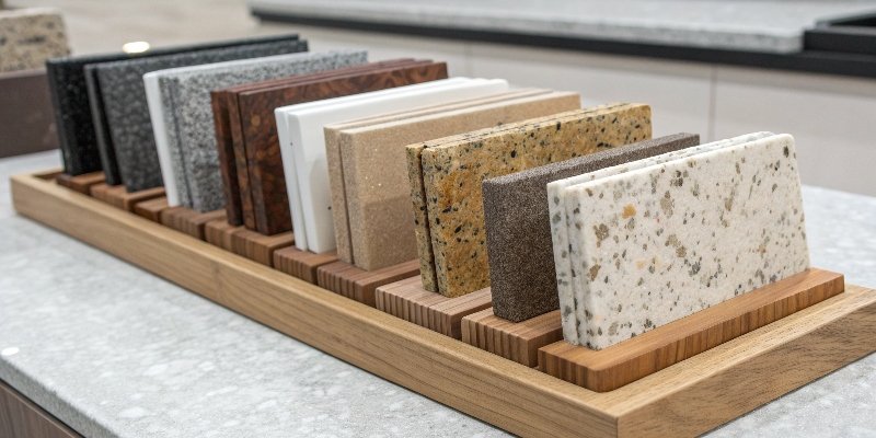 A display of different stone countertop samples