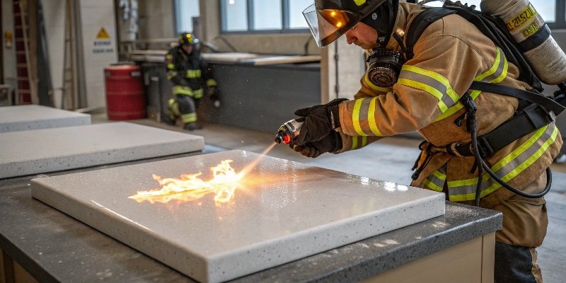 A firefighter showcasing the non-combustible nature of a quartz slab