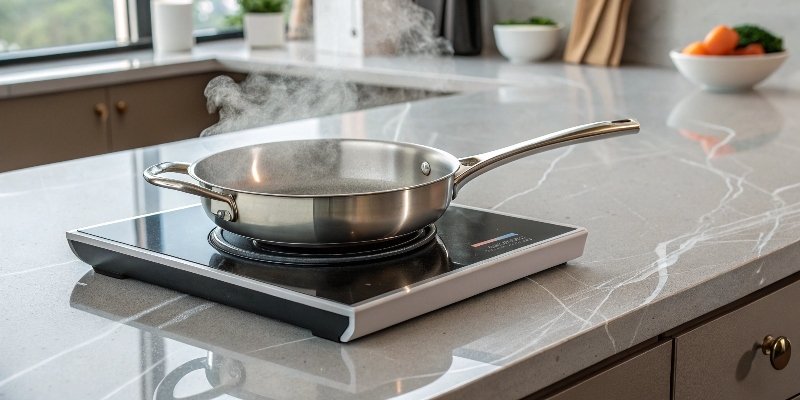 A hot pan placed on a trivet on a quartz countertop