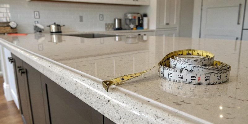 A measuring tape on a quartz countertop