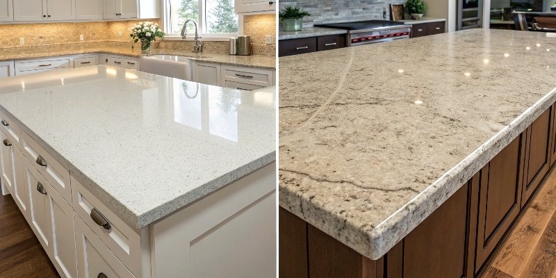 A side-by-side comparison of quartz and granite countertops