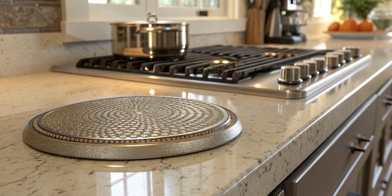 A trivet on a quartz countertop next to a stove