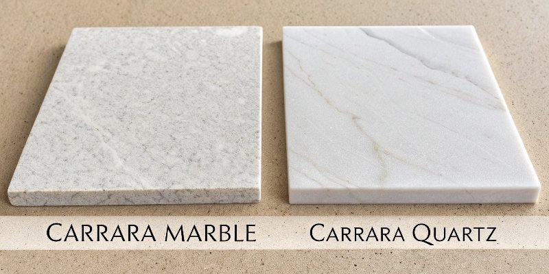 A labeled image comparing a sample of natural Carrara marble to a sample of Carrara quartz.