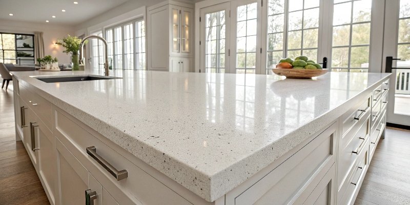 A close-up of a finished quartz slab showing its texture and pattern.