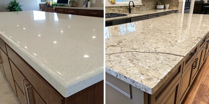 A split image showing a quartz countertop on one side and a granite countertop on the other.