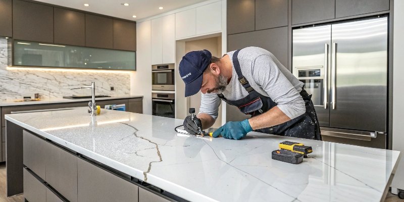A professional seam setter tool joining two quartz slabs