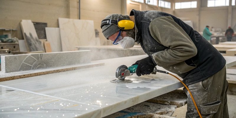 Worker cutting a marble slab with water to suppress dust