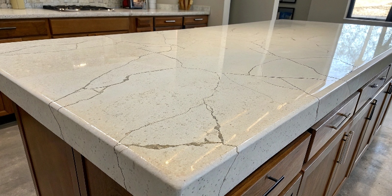 Poor Quality Quartz A cracked and stained quartz countertop that shows poor quality