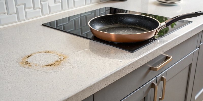 A discolored spot on a quartz countertop from a hot pan.