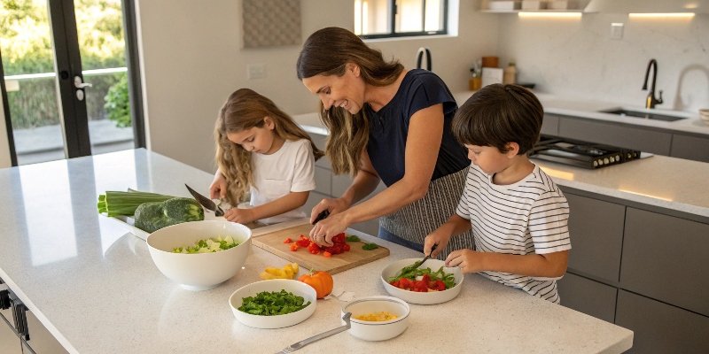 A family preparing food together on a clean quartz kitchen island