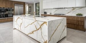 a luxurious kitchen island made from calacatta