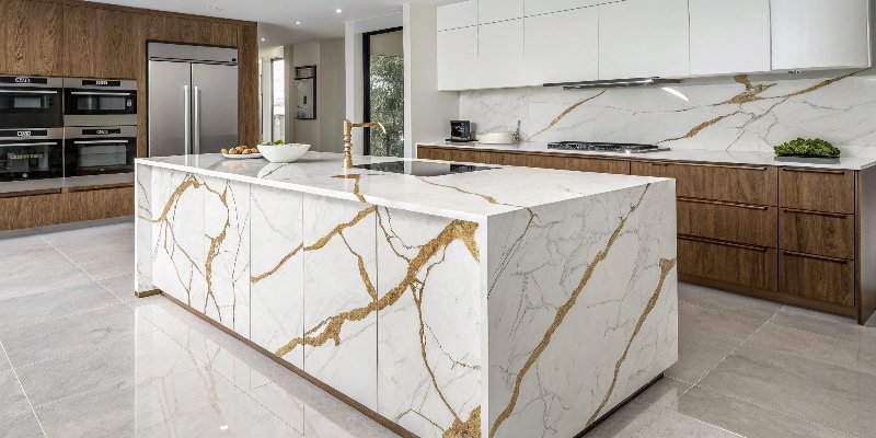 A luxurious kitchen island made from Calacatta Gold quartz, showing its bold veining.