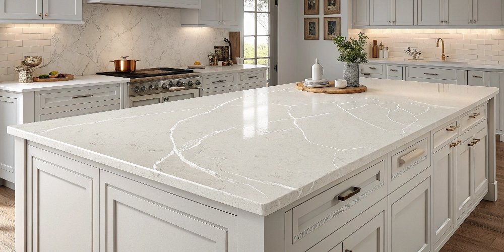 A quality control inspector carefully examining a large quartz slab in a factory
