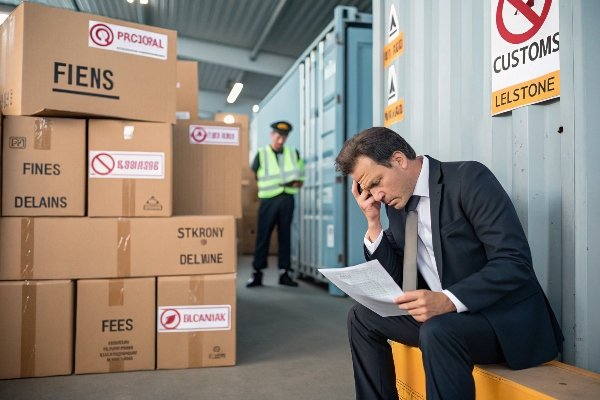 A customs officer inspecting a shipping container with a magnifying glass