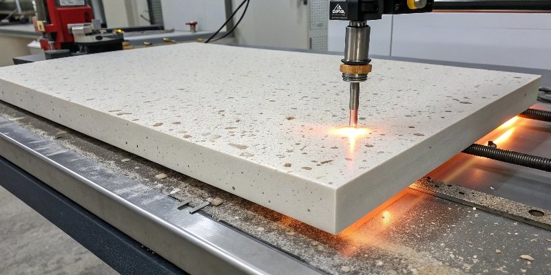A close-up of a quartz slab being tested for fire resistance