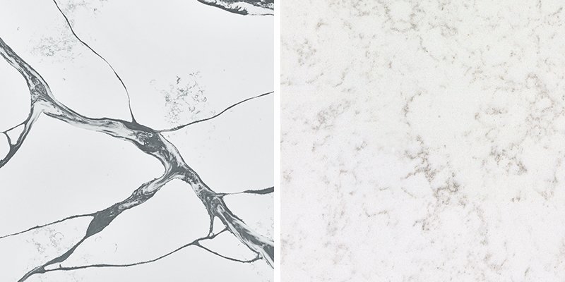 A side-by-side comparison of a basic white quartz and a complex, custom Calacatta-style quartz