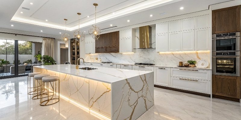 A stunning kitchen with a waterfall island made from Calacatta Gold quartz.