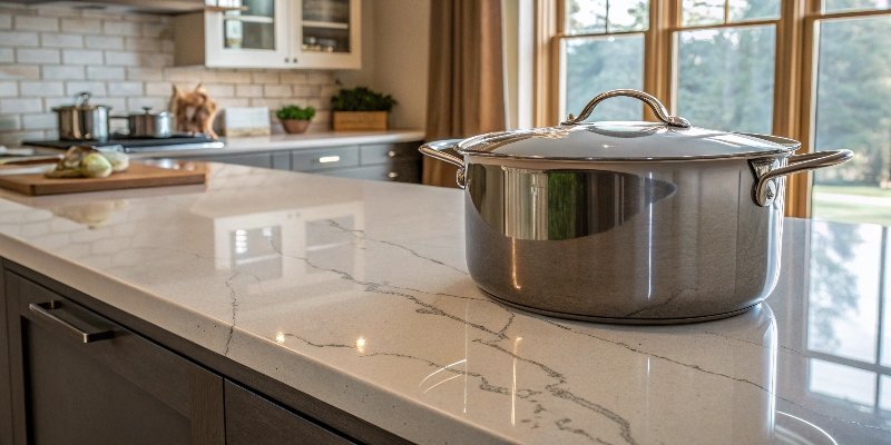 A heavy pot is placed on a quartz countertop, showing its durability.