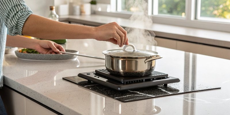 alt text="A person using a trivet to place a hot pot on a quartz countertop"