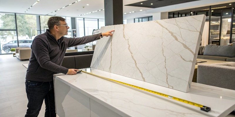 A designer pointing to a slab of marble-look quartz, highlighting its realistic veining.