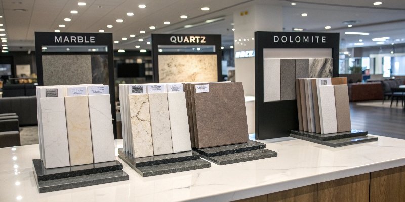 A display in a showroom comparing the prices of marble, quartz, and dolomite samples.