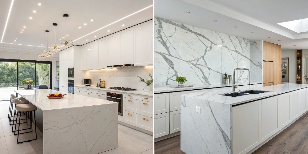 Which is Better Quartz or Stone A split image showing a modern quartz kitchen and a classic marble kitchen