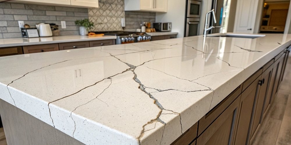 A cracked quartz countertop showing a clear failure in the material