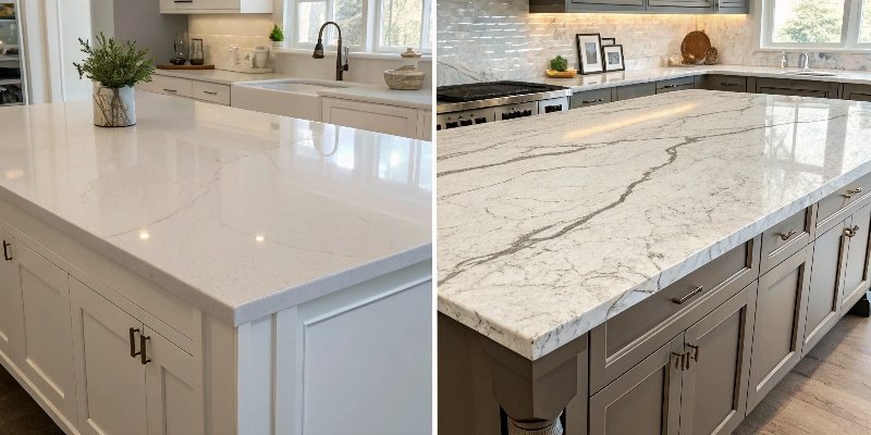 Side-by-side comparison of a quartz and a marble countertop