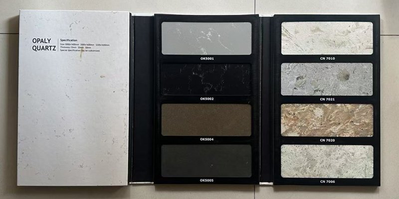A display of various quartz slab samples with different colors and patterns