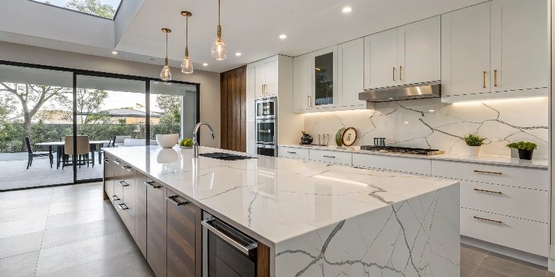 A beautiful quartz countertop in a modern kitchen