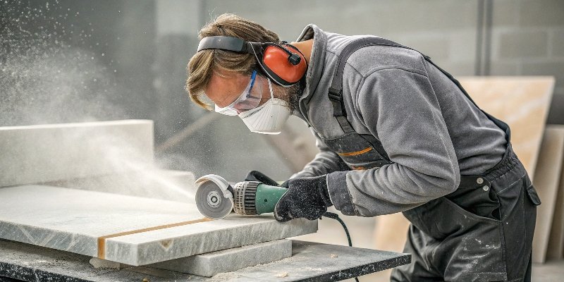 A stone mason safely cutting a quartzite slab using wet-cutting techniques.
