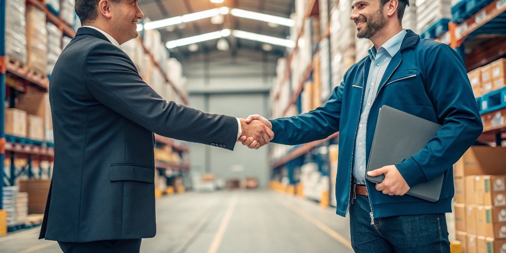 A handshake between a supplier and a procurement manager in a warehouse
