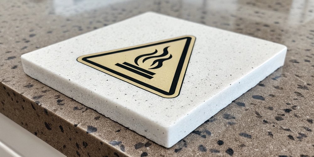 A caution sign next to a hot pan on a quartz countertop.