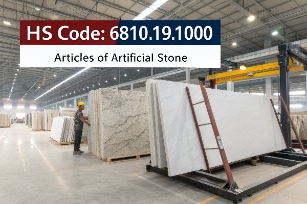 A close-up of a quartz slab with a customs document overlayed
