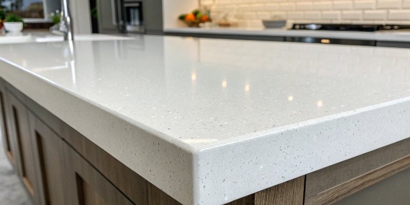 A close-up view of the thickness of a quartz countertop