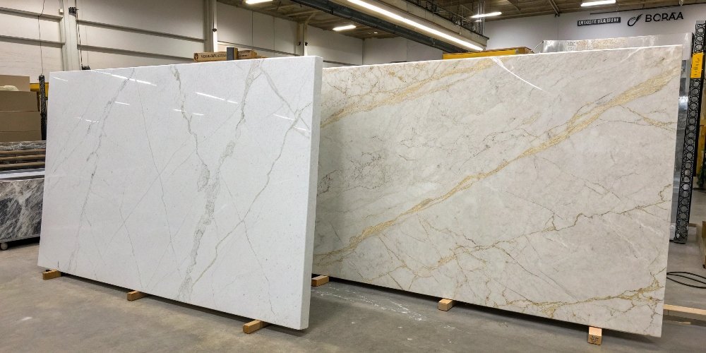 Two different quartz slabs side-by-side, one looking premium and the other cheap and flawed