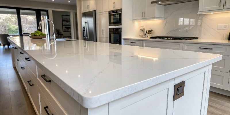 A pristine white quartz countertop in a modern kitchen