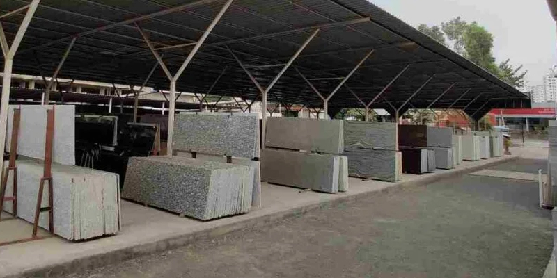 Price of Quartz Slab in India A warehouse stacked with quartz slabs in India