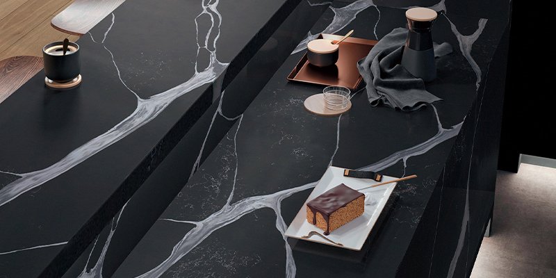 Eco-friendly quartz stone slabs in a modern kitchen