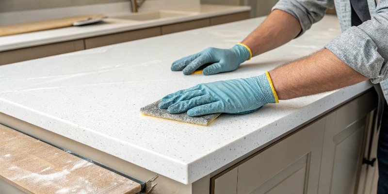 A gloved hand lightly sanding a minor scratch out of a solid surface countertop.