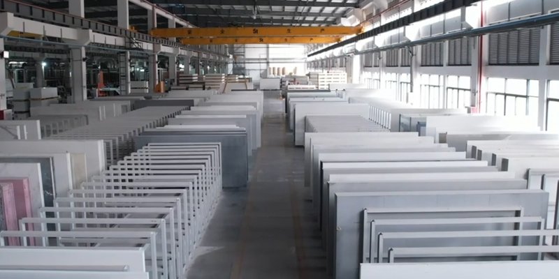 Securely packed quartz slabs in a reinforced wooden A-frame crate ready for shipping
