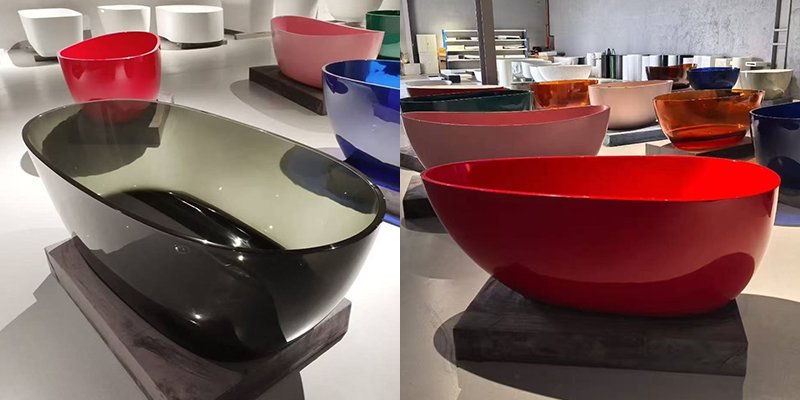 A side-by-side comparison of a solid surface tub and an acrylic tub
