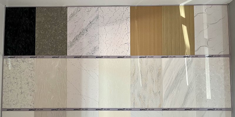A display of various acrylic surface finishes and colors
