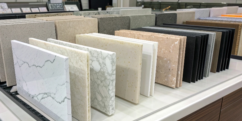 Different grades of quartz slabs a display showing multiple quartz slabs of different grades and colors