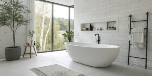 a modern white solid surface bathtub in a minimali