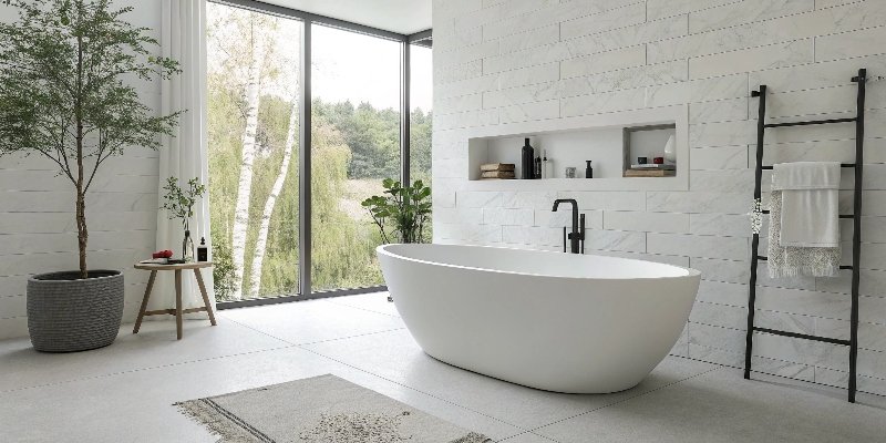 A modern white solid surface bathtub in a minimalist bathroom