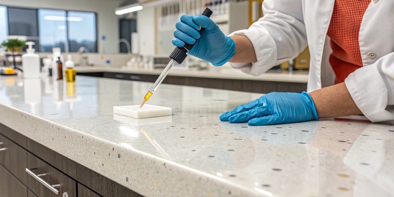 Testing quartz countertop durability a person performing a stain resistance test on a quartz countertop sample